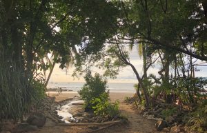 Sunset view of Playa Tamarindo, Costa Rica, surrounded by jungle greenery.